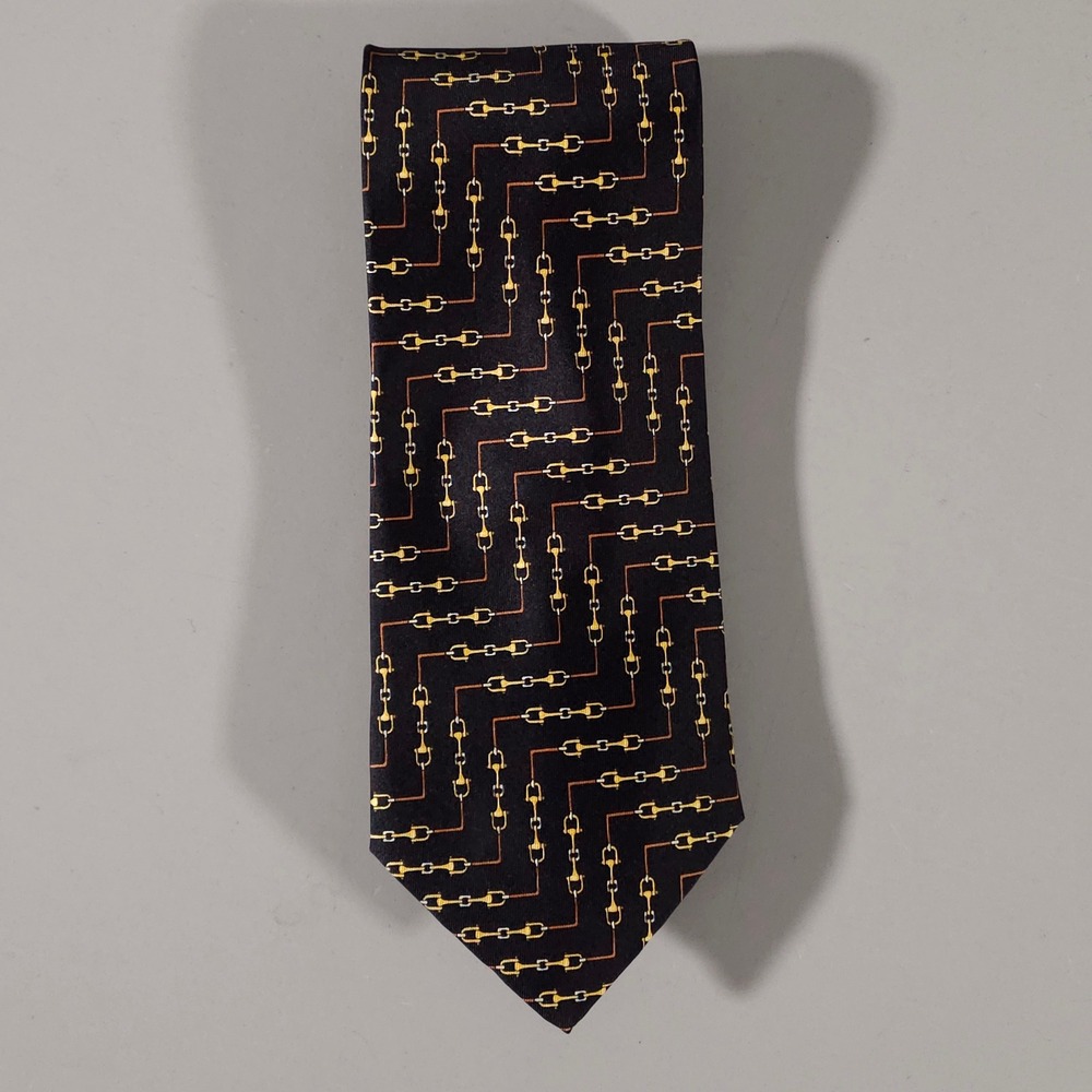 Fendi Silk Necktie Mens OS Black Gold Chain Link Geometric Made in Italy